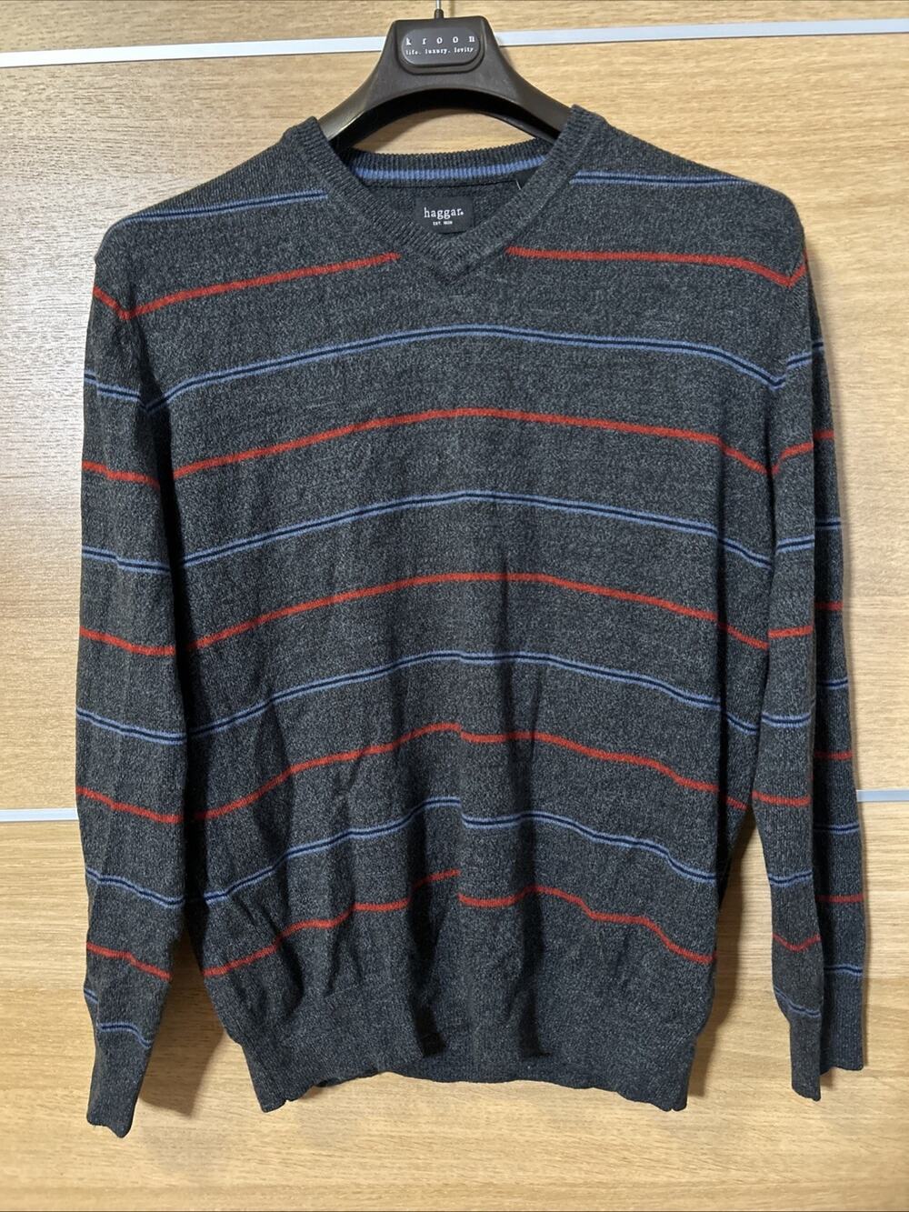 Haggar V-neck Sweater Men’s Sz XL Classic Gray Knit Colorful Striped